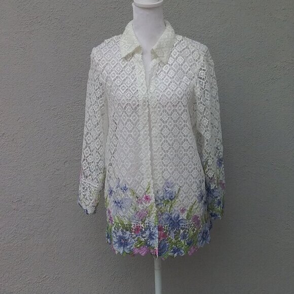 Unbranded Cardigan Gorgeous Open Lace  with border print of watercolor flowers - Picture 1 of 6